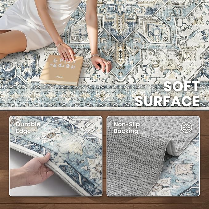 zesthome 8x10 Area Rugs-Washable Rug for Living Room, Non-Slip Backing Rugs, Stain Resistant 8x10 Rug for Bedroom, Ultra-Thin Low Pile Rugs, Vintage Large Home Decor