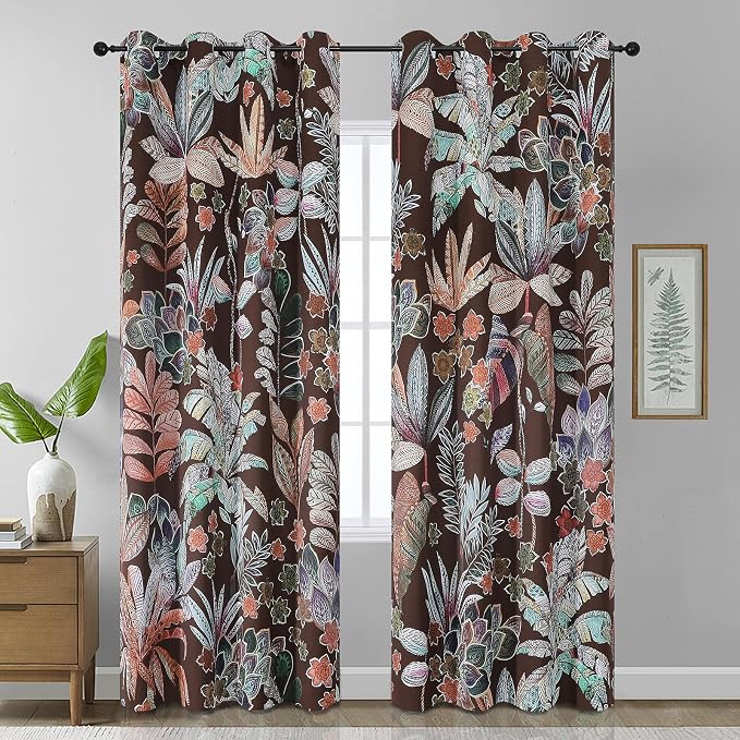 Estelar Textiler Floral Brown Blackout Curtains for Living Room 90 inches Long,Grommet Curtains Home Decoration,Leaf Pattern Design Thermal Insulated Curtains for Bedroom,Set of 2 Panels,52Wx90L