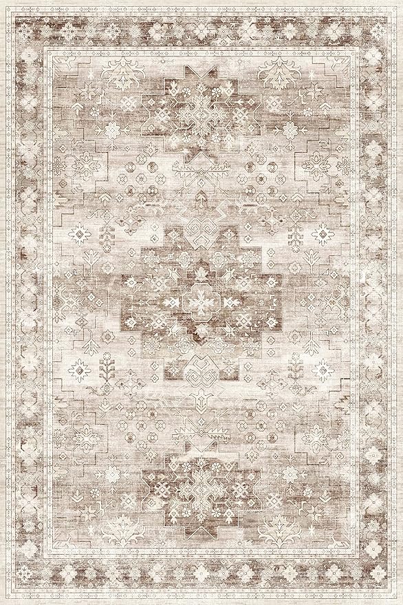 Beige Boho Rug for Living Room 8x12 - Washable Dining Room Rugs for Under Table, Vintage Soft Low Pile Carpet for Bedroom, Non-Slip Farmhouse Bohemian Large Thin Carpet for High Traffic Area