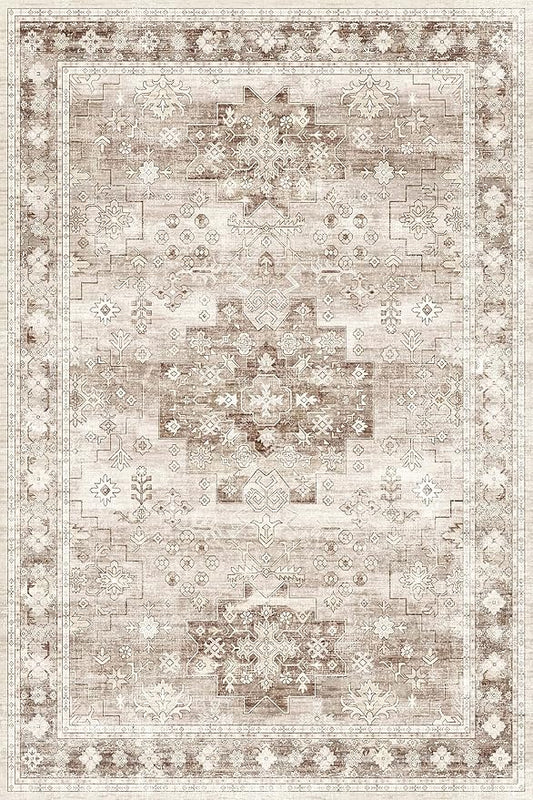 Beige Boho Rug for Living Room 8x12 - Washable Dining Room Rugs for Under Table, Vintage Soft Low Pile Carpet for Bedroom, Non-Slip Farmhouse Bohemian Large Thin Carpet for High Traffic Area
