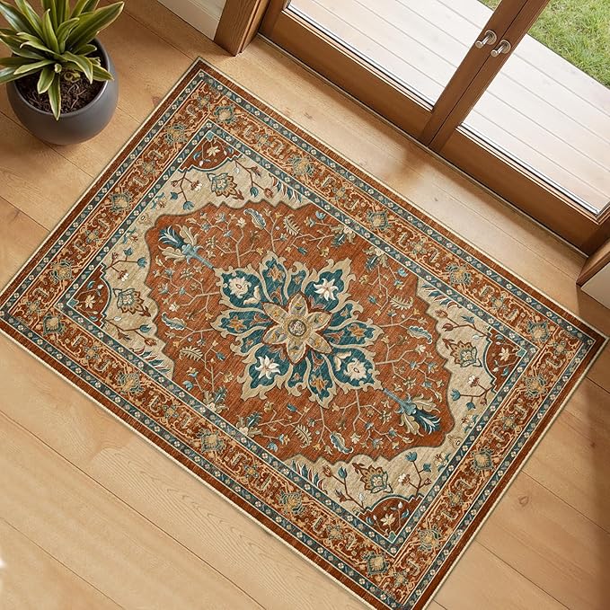 RELEANY Area Rugs Small 2'x4' Washable Non-Slip, Floral Vintage Distress Medallion Carpet for Kitchen Entryway Bathroom, Red Orange Blue Brown