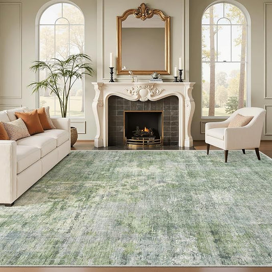 Soalmost 9x12 Area Rugs for Living Room, Non-Slip Machine Washable Vintage Rugs, Abstract Low Pile Lightweight Large Rug for Bedroom, Dining Room, Home Office Green Ivory