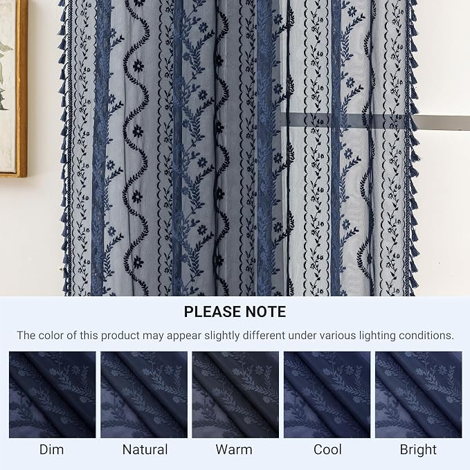 WAZZIO Boho Lace Curtains 2 Panels 63 Inch -Victorian Sheer Panel Drape French Country Floral Pattern & Tassel Light Filtering Privacy for Bedroom Dining Living Room,Coastal Decor,Navy Blue,W52x L63