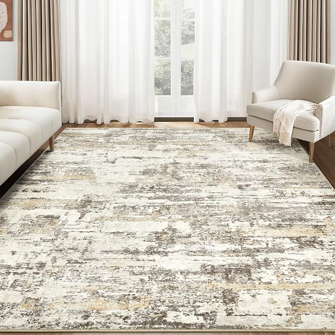7x9 Area Rug Living Room Rugs: Washable Large Soft Abstract Modern Neutral Rug Stain Resistant & Non-Slip Low-Pile Carpet for Bedroom Dining Nursery Home Office Room Decor - Gold Brown