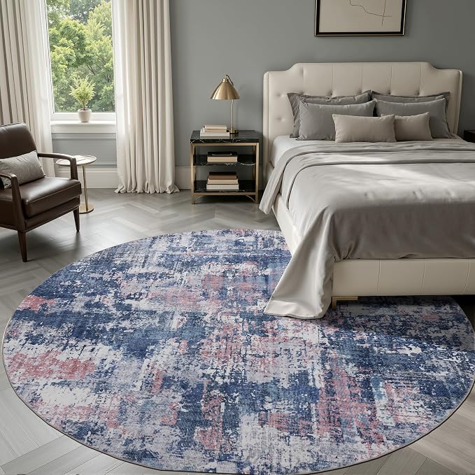 Sasttie 6ft Soft Round Area Rug, Modern Abstract Washable Circle Carpet for Living Room, Bedroom, Dining Room Table, with Non-Slip Backing, Pink and Blue