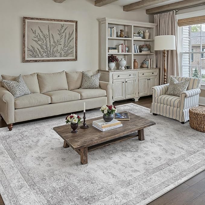 PureCozy Gray Area Rug 5x8 Washable Living Room Carpet Vintage Non Slip Soft Bedroom Indoor Office Retro Grey Low Pile Thin Oriental Medallion Large Rug for Dining Room Bathroom Kitchen