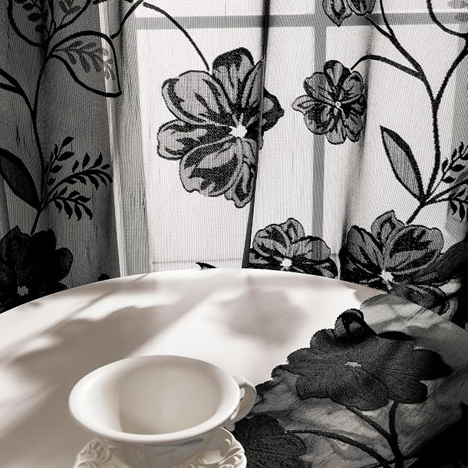 Treatmentex Black Lace Sheer Curtains for Bedroom Living Room 95 Inch Length Light Filtering Floral Knitted Semi Sheer Window Curtains Elegant French Lace Curtains 54" w Pocket 8ft
