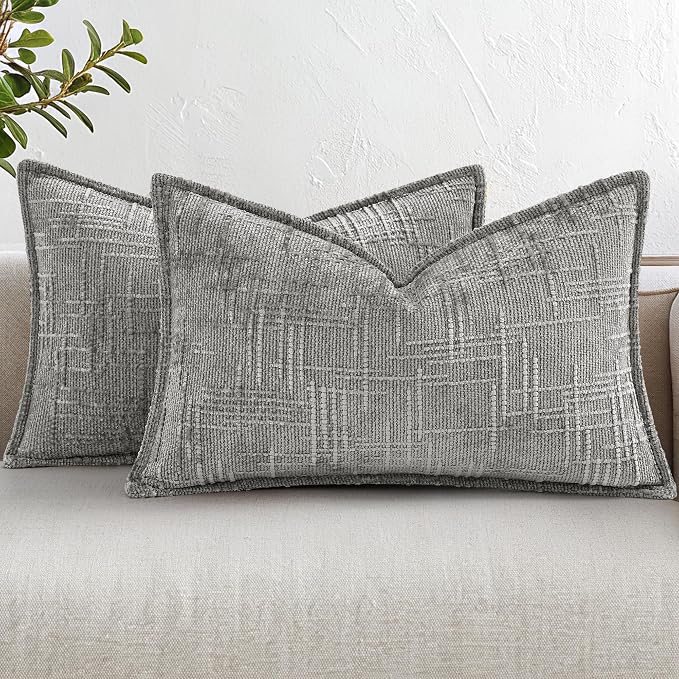 decorUhome Chenille Throw Pillow Covers 12x20 Set of 2, Soft Textured Slubby Modern Decorative Pillow Covers with Elegant Design for Couch, Sofa, Living Room, Grey