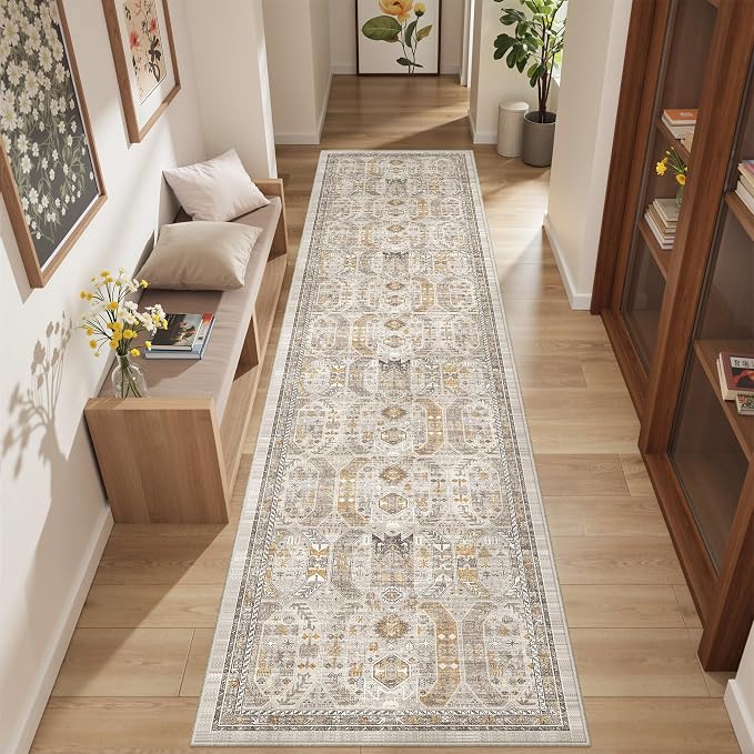 2'6" x 12'Non Slip Runner Rugs - Runners for hallways, Kitchen,Entryway,Stain Resistant Washable Rugs for Bedroom, Indoor Vintage Area Rugs (Brown/Gold,2'6" x 12')