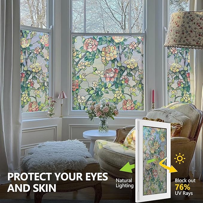 ADD.HERES Stained Glass Window Film, 3D Decorative Window Privacy Film for Bathroom,Front Door,Home, Sun Blocking Heat Control,Static Cling, The Beast's Rose 17.3inch x 47.2inch