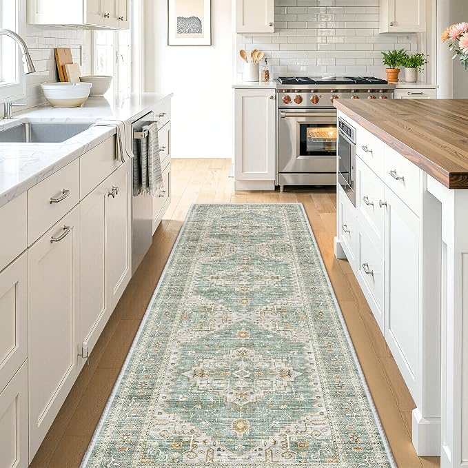 befbee Washable Hallway Runner Rugs 2.5 x 8, Non-Slip Low-Pile Soft Kitchen Rug Runner Laundry Room Rug, Vintage Throw Mat for Entrance Living Room (2'6''x8,Green)