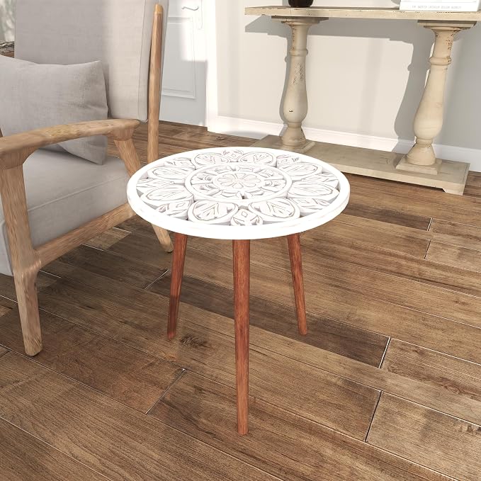 Deco 79 Wood Floral Handmade Side End Accent Table Intricately Carved End Table with 3 Slender Legs, Side Table 19" x 19" x 21", White