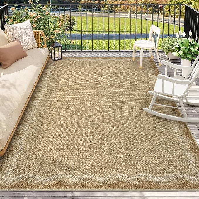 LIVEBOX Scalloped Washable 8x10 Rug, Easy Jute Tan Rug for Living Room, Indoor Outdoor Rugs Bedroom, Geometric Farmhouse Non Slip Dining Room Mat Modern Carpet Area Rug for Patio Home Office Decor