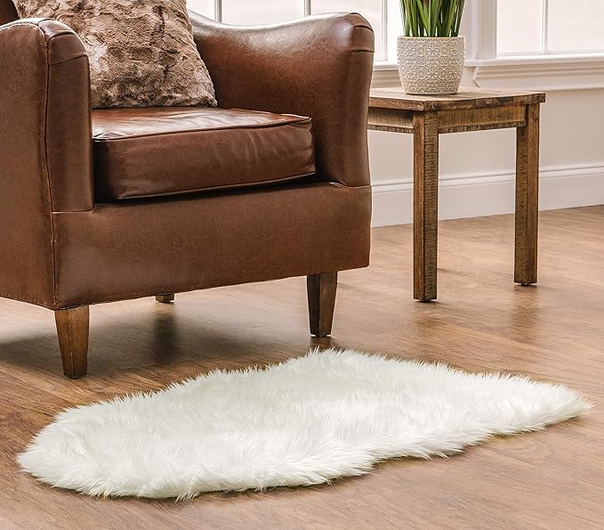 Chanasya Super Soft Faux LongFur Suede Fake Sheepskin for Sofa Couch Stool Vanity Chair Cover Luxurious Fluffy Rug Solid Shaggy Area Rugs for Living Bedroom Floor - Off White 2ftx3ft