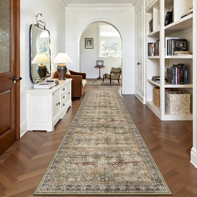 2x10 Hallway Runner Rug, Washable Vintage Retro Long Runner Rugs for Kitchen Laundry, Soft Ultra Thin Non Slip Low Pile Traditional Distressed Boho Carpet for Bedroom Bathroom, Charcoal Olive