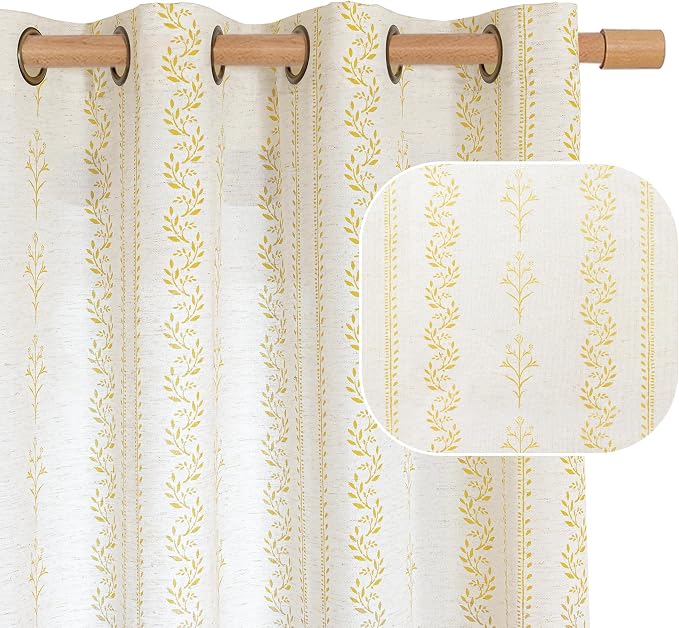 BGment Mustard Yellow Vintage Floral Linen Curtains for Farmhouse - Boho Curtains 90 Inch Long Light Filtering Window Drapes for Country Rustic Living Room, Each 52 Inch Wide, 2 Panels Set
