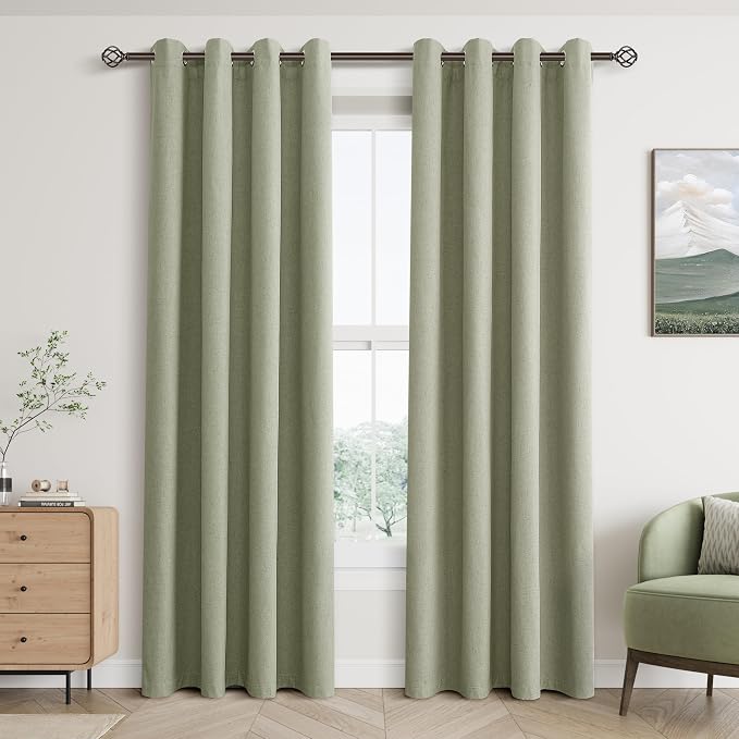 Jowels Sage Green Blackout Curtains 84 Length 2 Panels Set for Living Room Bedroom, 100% Black Out Thermal Insulated Linen Drapes, Room Darkening Grommet Curtains 84 Inches Long