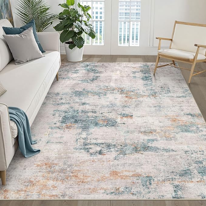 6x9 Area Rugs Living Room: Washable Large Neutral Aqua Brown Rug Abstract Soft Modern Stain Resistant Indoor Floor Non-Slip Carpet for Bedroom Nursery Kids Office Playroom Dining Room Under Table