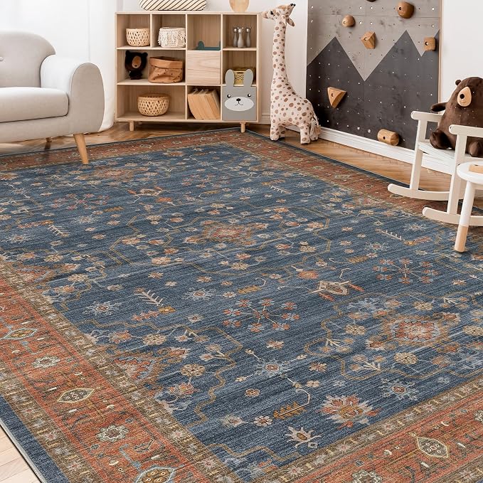 10x14 Area Rug for Living Room- Machine Washable Soft Oriental Vintage Large Indoor Floor Carpet for Bedroom Under Dining Table Home Office Decor - Blue Terracotta