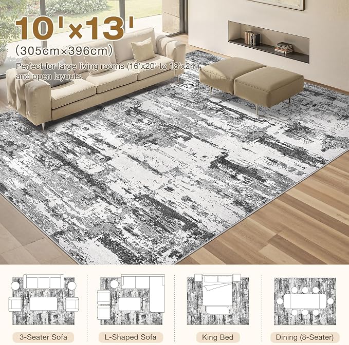 Area Rugs for Living Room: 10x13 Abstract Washable Rug Modern Neutral Large Soft Stain Resistant Non-Slip Backing Machine Table for Bedroom Dining Room Indoor Home Office Carpet - Black Grey