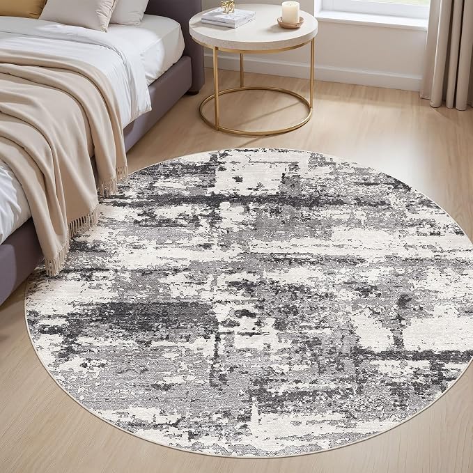 6ft Round Area Rugs for Living Room: 6x6 Abstract Washable Rug Modern Large Soft Stain Resistant Non-Slip Backing Machine Table for Bedroom Dining Room Indoor Home Office Carpet - Black Grey