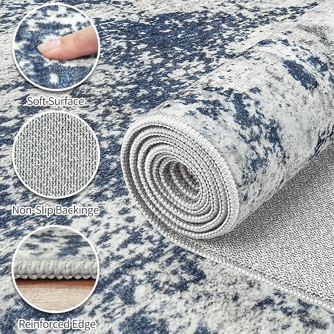 Area Rugs 9x12 Living Room: Large Soft Washable Rug Modern Abstract Anti-Skid Non-Shedding Carpet Indoor Floor Thin Carpets for Bedroom Dining Room Farmhouse Nursery Home Office Blue