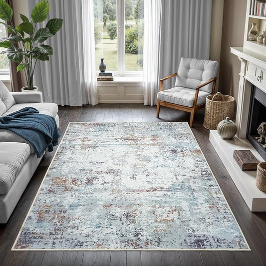 GLN Rugs Contemporary Collection - Machine Washable Area Rug, Contemporary Washable, Non Slip, Low Pile Chenille Rug, Living Room, Bedroom, Kitchen Rug (5' x 7' White/Grey/Blue/Brown)