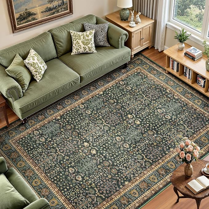 Lofus 5x7 Washable Green Area Rug for Living Room Bedroom Non-Slip Low Pile | Soft Boho Vintage Area Rugs for Bedroom Dinning Room Home Office Indoor