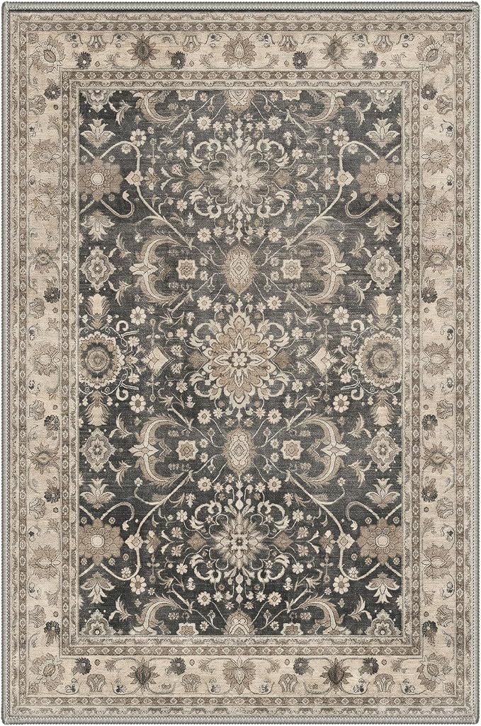 Bavni 2x3 Doormat, Machine Washable Runner Rug Non Slip, Vintage Floral Oriental Floral Rugs for Entrance, Lightweight Low Pile Carpet for Hallways Kitchen and Corridor, Dusty Taupe