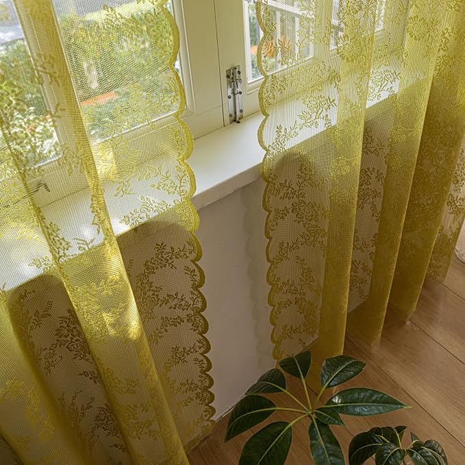 Sutuo Home Sage Green Lace Curtains for Bedroom Living Room 96 Inches Long 2 Panels, Boho Sheer Rose Floral Embroidery Ruffled Vintage Window Treatment Pair Xmas Decor, Rod Pocket, W57 x L96