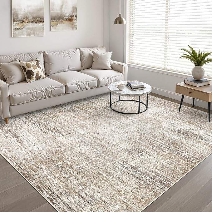 7x9 Area Rug Living Room: Washable Large Neutral Rug Abstract Soft Modern Stain Resistant Indoor Floor Non-Slip Carpet for Bedroom Nursery Kids Office Playroom Dining Room Under Table- Dark Brown
