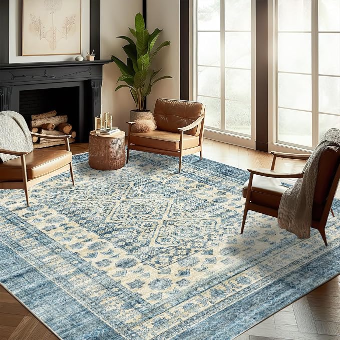 CHAMPLANT Washable Area Rug 8'x10' Retro Boho Design Non-Shedding Non-Slip Easy Care Ideal for High Traffic Areas in Living Room Bedroom Office Coffee Table Kitchen Large Carpet