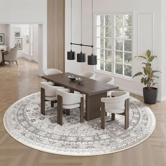 zesthome 8ft Round Rugs for Living Room, Non-Slip Washable Round Area Rugs, Ultra-Thin Large Circle Rugs, Soft Low Pile Rug for Bedroom, Kitchen - Vintage Stain Resistant Round Rug (Brown/Beige,8'x8')