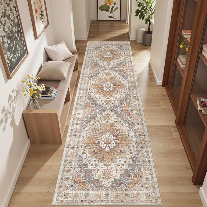 2'6" x 10'Non Slip Runner Rugs - Runners for hallways, Kitchen,Entryway,Stain Resistant Washable Rugs for Bedroom, Indoor Vintage Area Rugs (Turmeric/Grey,2'6" x 10')