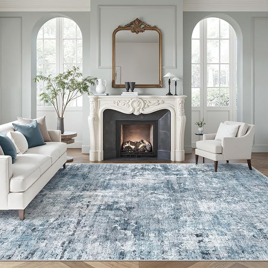 Soalmost 7x10 Area Rug for Living Room Washable Abstract Vintage Soft Thin Indoor Floor Non-Slip Carpet for Bedroom Dining Room Blue