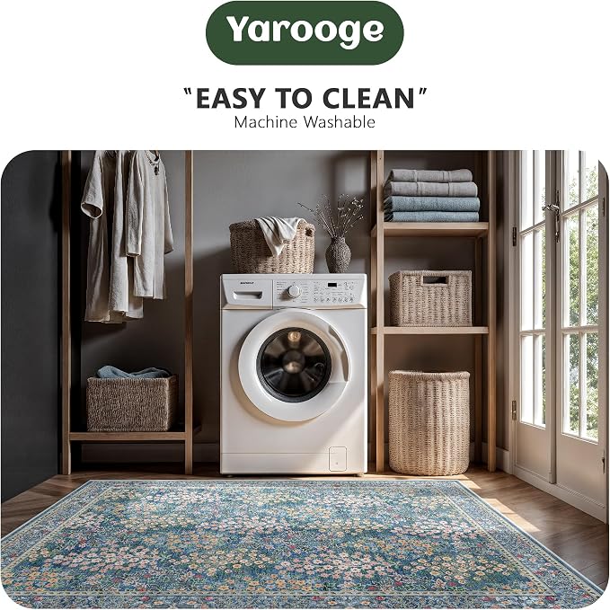 6x9 Area Rugs, Washable Floral Area Rugs for Living Room, Indoor Area Rug for Bedroom, Dining Room, Low Pile Non-Slip Non Shedding Rug(Blue Floral)