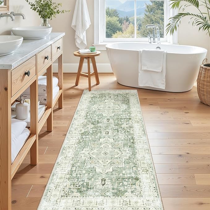 Madane Washable Runner Rug 2x6 Runners for Hallways Non Slip, Green/Ivory | Vintage Stain-Resistant 6 Feet Kitchen Rug, Soft Low-Pile Ultra-Thin Floor Carpet Mat for Bathroom Laundry Room Bedroom 2x6ft