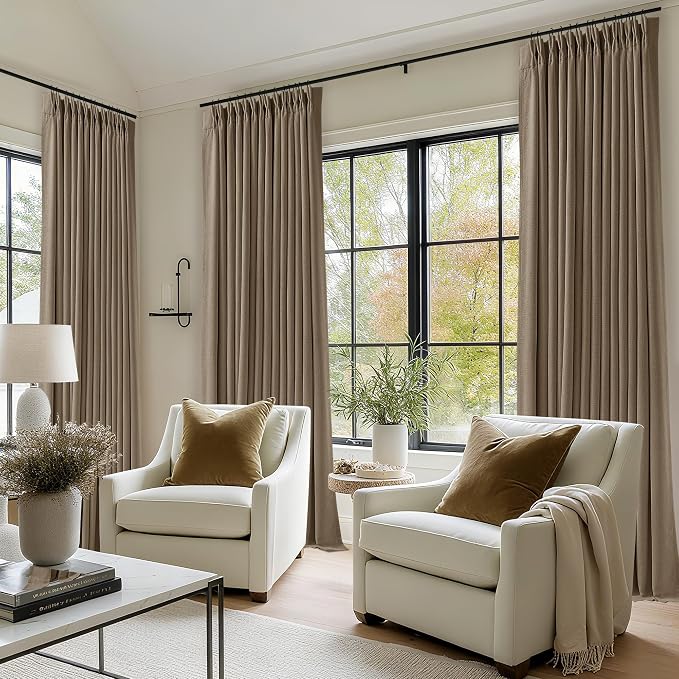 105 Inch Linen 100% Light Blocking Curtains Drapes 105 Inches Long 2 Panels Set for Bedroom Neutral Pinch Pleated Black Out Thermal Light Brown Curtain for Summer Heat Energy Efficient Latte