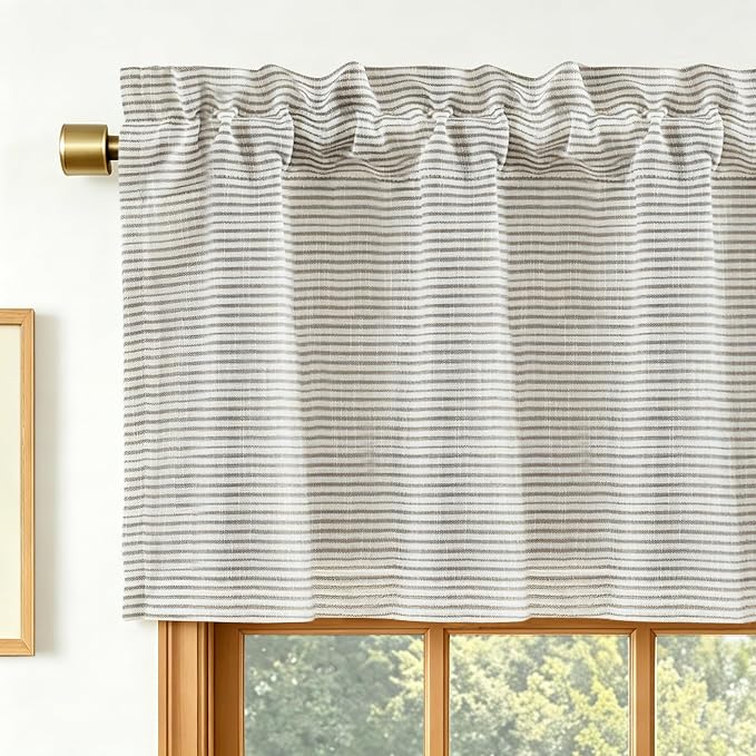 DriftAway Blackout Linen Ticking Striped Curtain Valance 18 Inches Beige | Double Layer Farmhouse Country Rustic Stripe Yarn Dyed Woven Thermal Insulated Rod Pocket Valance for Living Room