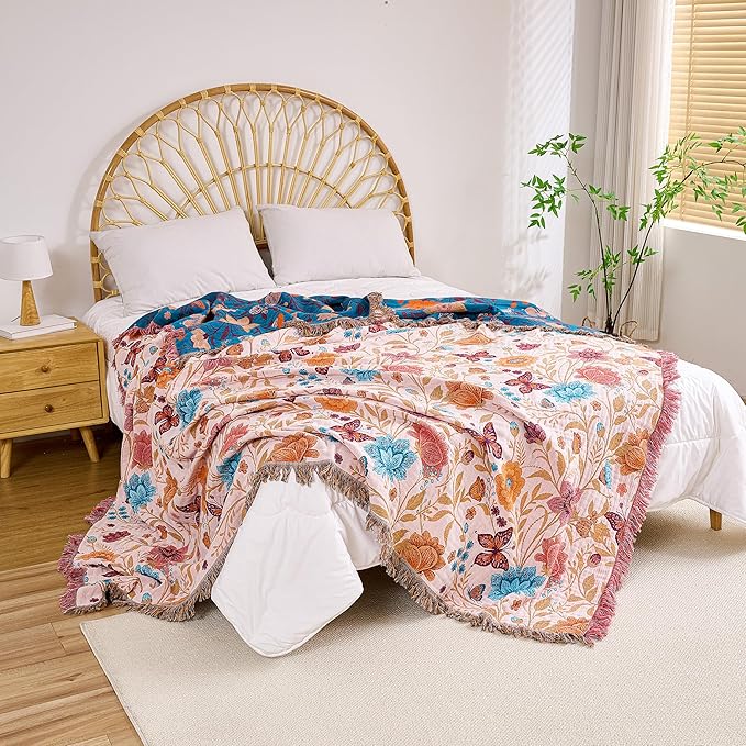 VANJOROY Boho Throw Blanket, 100% Organic Cotton Breathable Ultra Soft 91" x 98" Bed Quilt Throw - All Season Floral Rustic Farmhouse Decor Luxury Reversible Blanket for Sofa Couch Chair and Gift