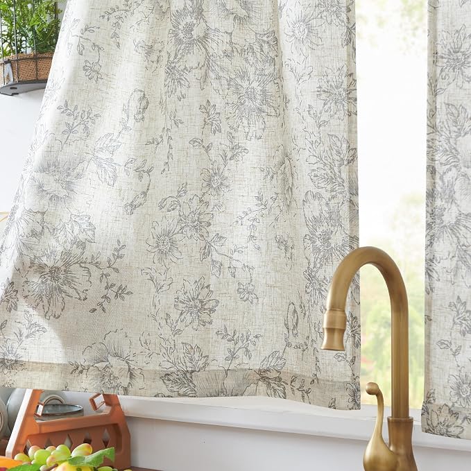 jinchan Floral Linen Tier Curtains Grey Flower on Beige Cafe Curtains 24 Inch Length Kitchen Living Room Bedroom Bathroom Farmhouse Rustic Country Rod Pocket 2 Panels