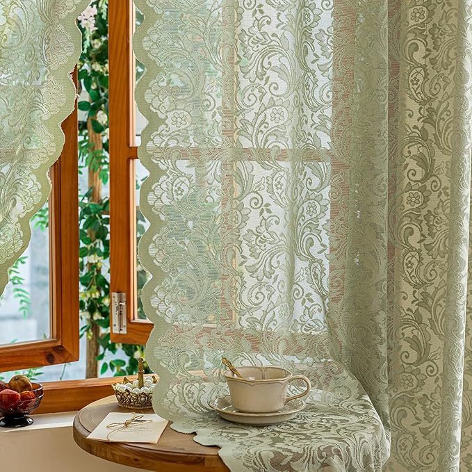 ALIGOGO Sage Green Lace Curtains 63 Inch Length for Bedroom Living Room, Spring Vintage Sheer Green Floral Curtains, Light Filtering Farmhouse Privacy Scalloped Edges, 52 x 63 Inch, 2 Panels