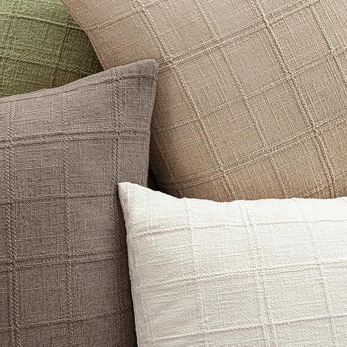 Foindtower Set of 2 Decorative Linen Check Throw Pillow Covers Neutral Farmhouse Vintage Cushion Covers Cozy Modern Coastal Boho Home Decor for Sofa Chair Couch Bedroom Living Room,14×36 Inch,Camel