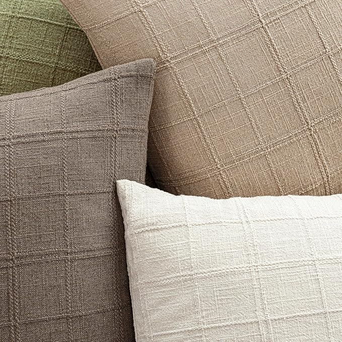 Foindtower Set of 2 Decorative Linen Check Throw Pillow Covers Neutral Farmhouse Vintage Cushion Covers Modern Coastal Boho Home Decor for Sofa Chair Couch Bedroom Living Room,20×20 Inch,Camel