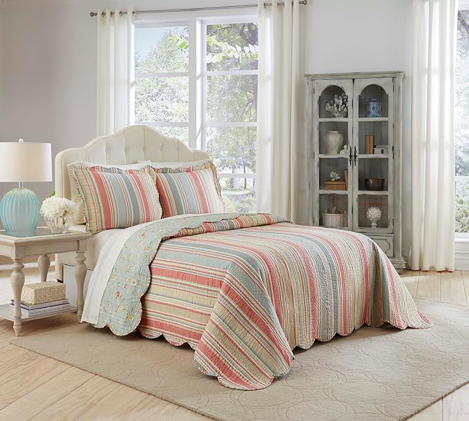 Waverly Garden Glitz 3-Piece Cotton Quilt Set – Full/Queen - with 2 Shams, Lightweight & Breathable, Vapor