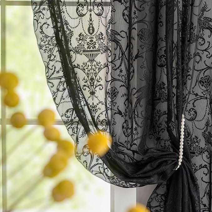 TUDECO Black Lace Curtains 63 Inch Length 2 Panels - Victorian Sheer Floral Gothic Curtains for Bedroom Whimsy Dark Academia Curtains Rod Pocket Privacy Window Treatments, 59 x 63 Inch, Black