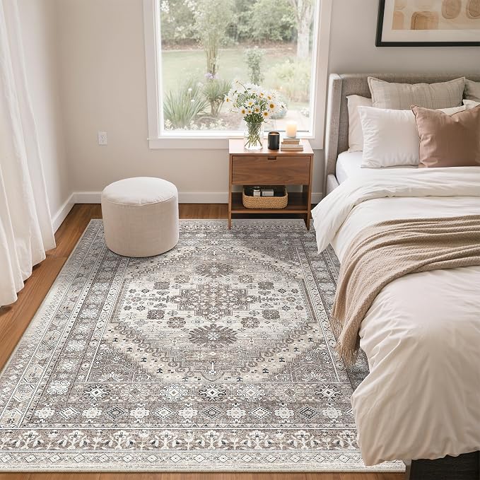 zesthome 4x6 Rug - Stain Resistant Washable Rug, Anti Slip Backing Rugs for Living Room, Foldable Vintage Small Area Rugs (Brown/Beige,4'x6')