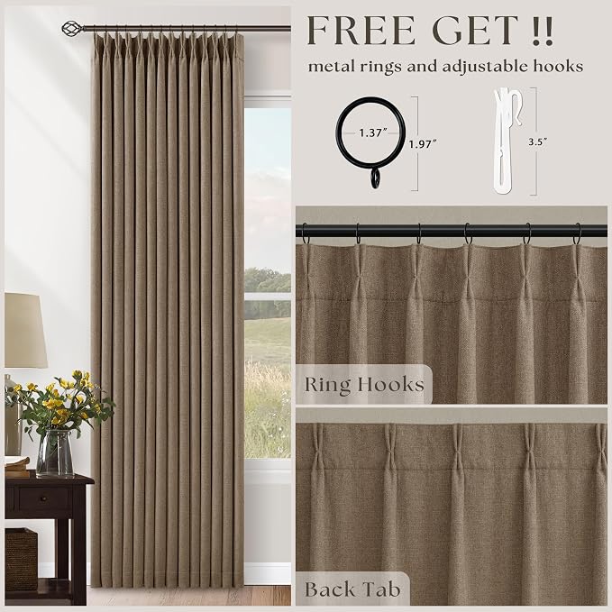 Light Brown 100% Blackout Linen 100 Inch Curtains 2 Panels for Bedroom Modern Latte Pinch Pleated Latte Linen Insulated Heavy Curtain 40 x 100 Inches Length Sliding Glass Door Room Darkening Drapes