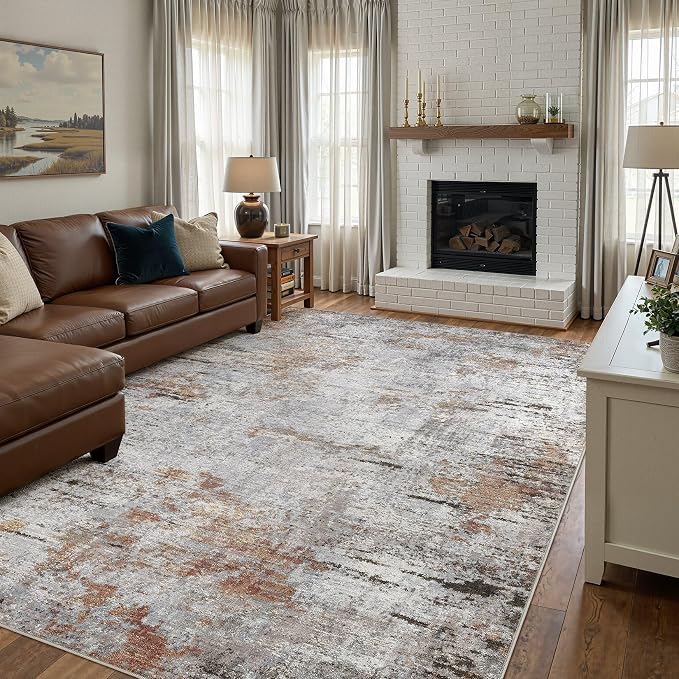 DMOYEST Area Rug Living Room Rugs - 8x10 Large Soft Indoor Neutral Modern Abstract Low Pile Washable Rug Carpet for Bedroom Dining Room Farmhouse Home Office - Grey Rust