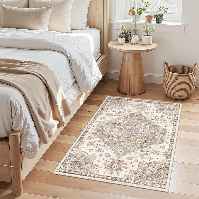 2x3 Entryway Rug Washable Area Rug 2x3, Small Non-Slip Vintage Door Mat, Low Pile Floor Carpet for Bedroom Kitchen Entry(2'x 3',Brown)
